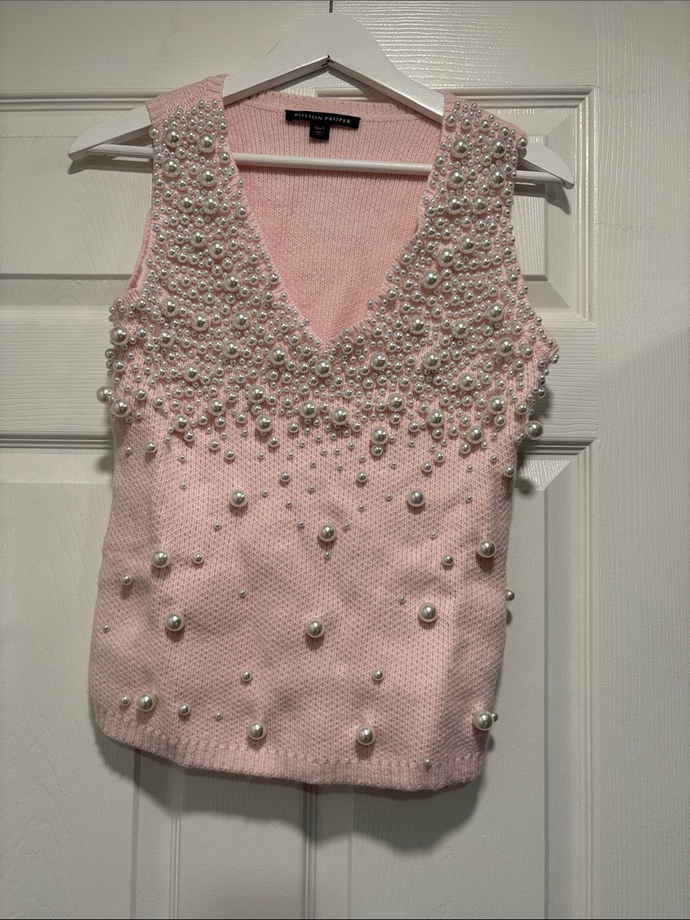 Boston Proper Pink Pearl-Embellished Knit Tank